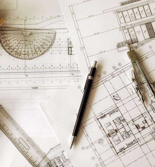 Image of engineering objects on workplace top view.Construction concept. Engineering tools.Vintage tone retro filter effect,soft focus(selective focus)